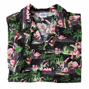 Aloha Land Men 2X Tropical Flamingo Hawaiian Black Palm Tree Button‎ Down Shirt